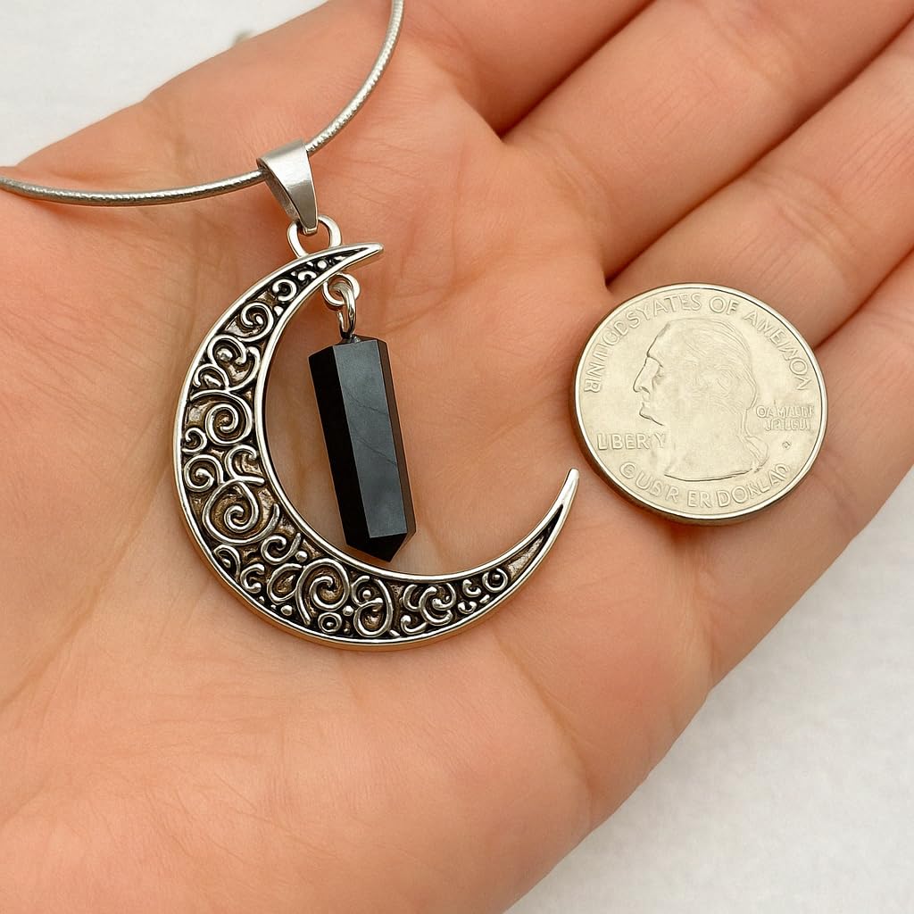 Colgante Luna con Shungit - Baño de Plata Minerales y Cristales, Belleza energética, Meditacion, Amuletos Espirituales