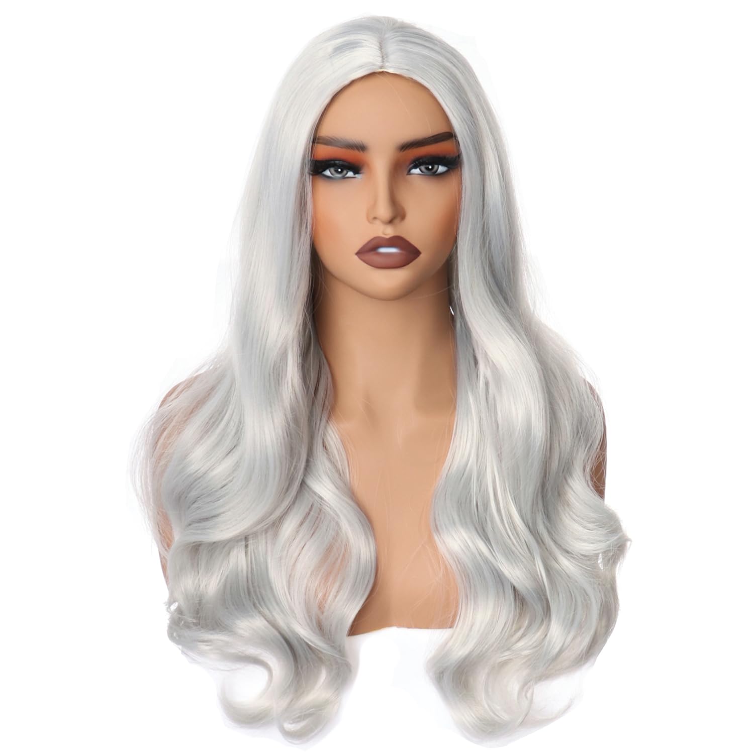 colorful panda 24 inch / 60cm Long Grey Wavy Curly Wig for Women Middle Part Full Wigs Heat Resistant Synthetic Halloween Costume Cosplay Wig (Silver Gray) - Image 3