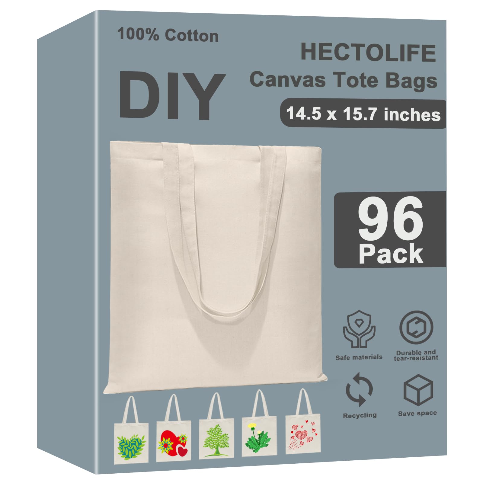 HECTOLIFE 6/12/24/48/ 96 Pack Canvas Tote Bags,Reusable Blank Canvas for Shopping Bags Beige Medium 96