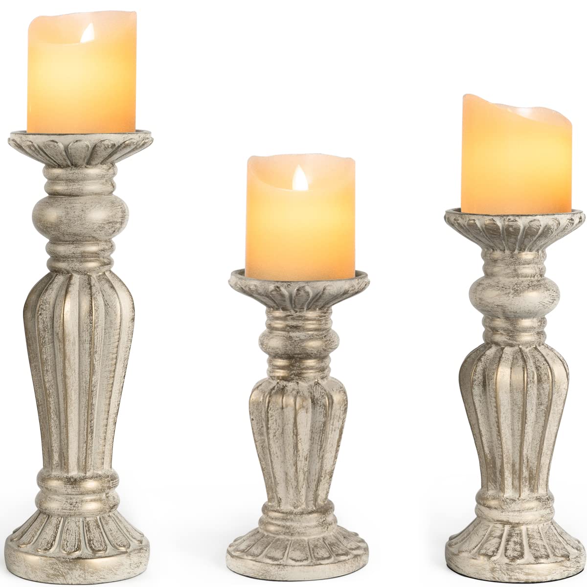 Hand Crafted Pillar Candle Candlestick Holder 7.9", 9.8", 12" for Home Decor, Wedding, Dinning, Party (Set of 3)