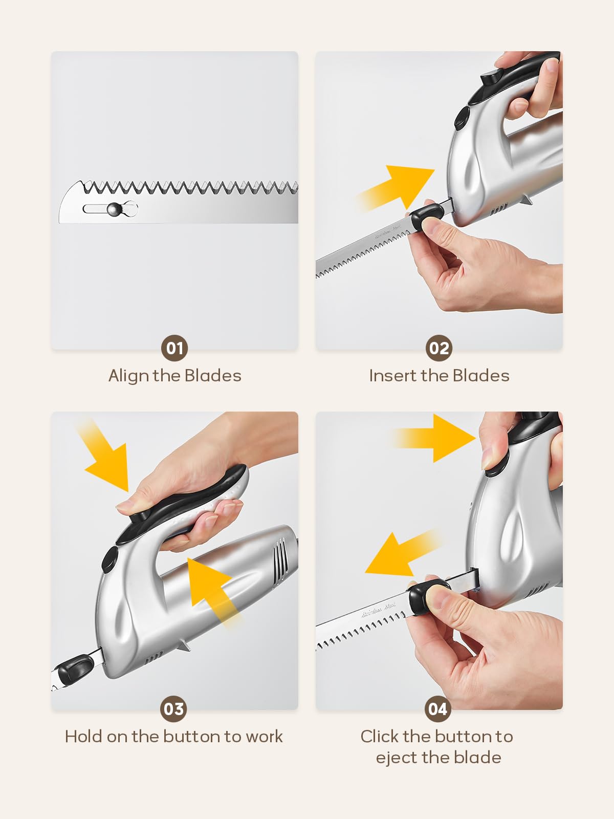Yabano Electric Knife 150W, Bread & Roast Kitchen Slicer, 2 Blades | Stainless Steel, for Hard Crust and Roast Baguette, Double Safety Lock, with Meat Fork Included