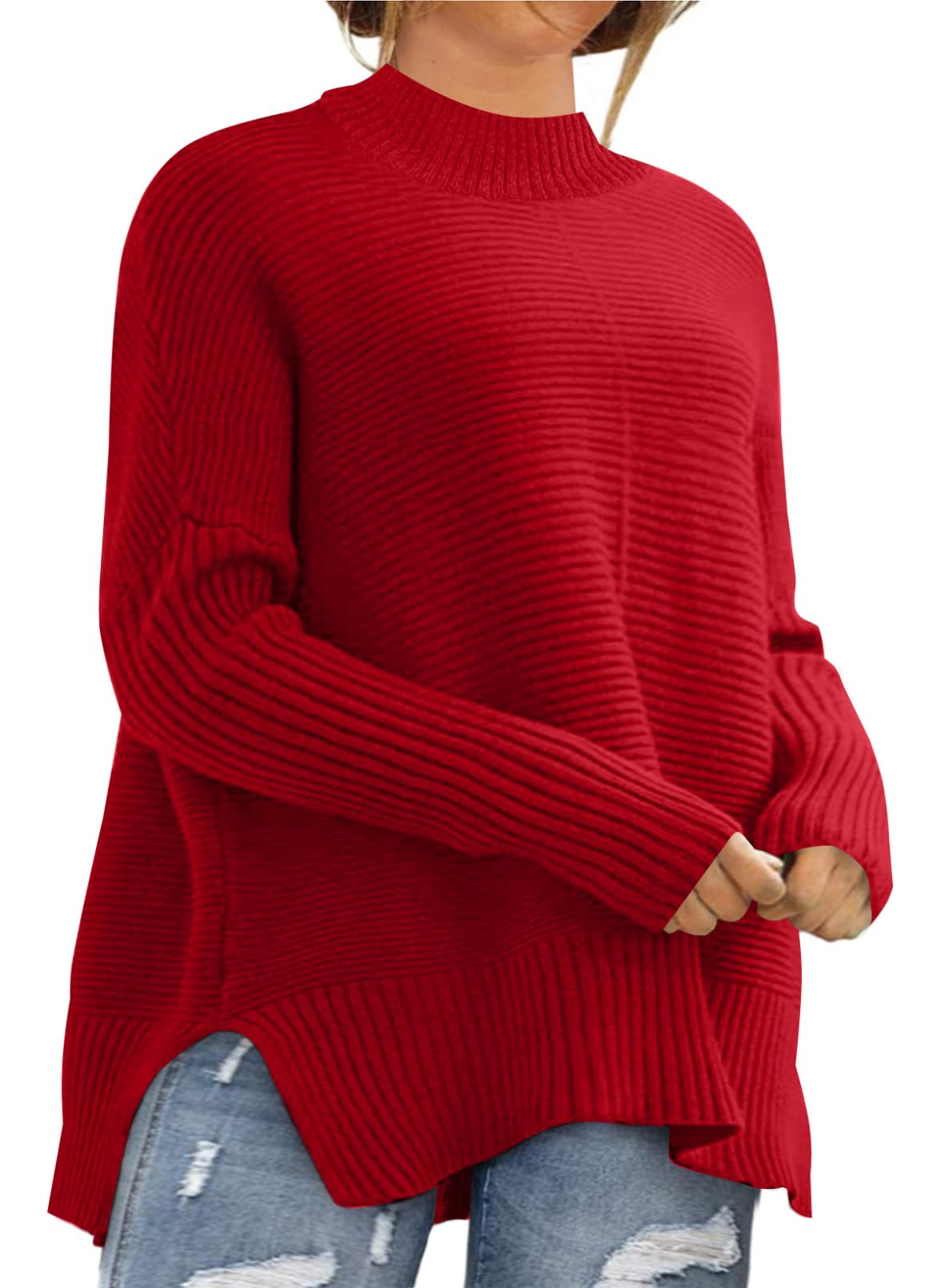 Eytino Womens Plus Size Sweaters Long Sleeve Crew Neck Split Hem Casual Oversized Ribbed Knit Tunic Pullover Tops(1X-5X)