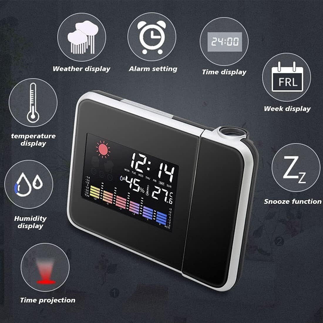 Reloj despertador con proyección digital LED, termómetro de temperatura, pantalla de fecha y hora de escritorio, proyector, calendario, reloj LED de mesa