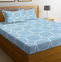 Blue Strip Glace Cotton 160 TC Printed Double Bedsheets with 2 Pillow Cover, (90X90 Inches, 7 x 7.5 Feet,)
