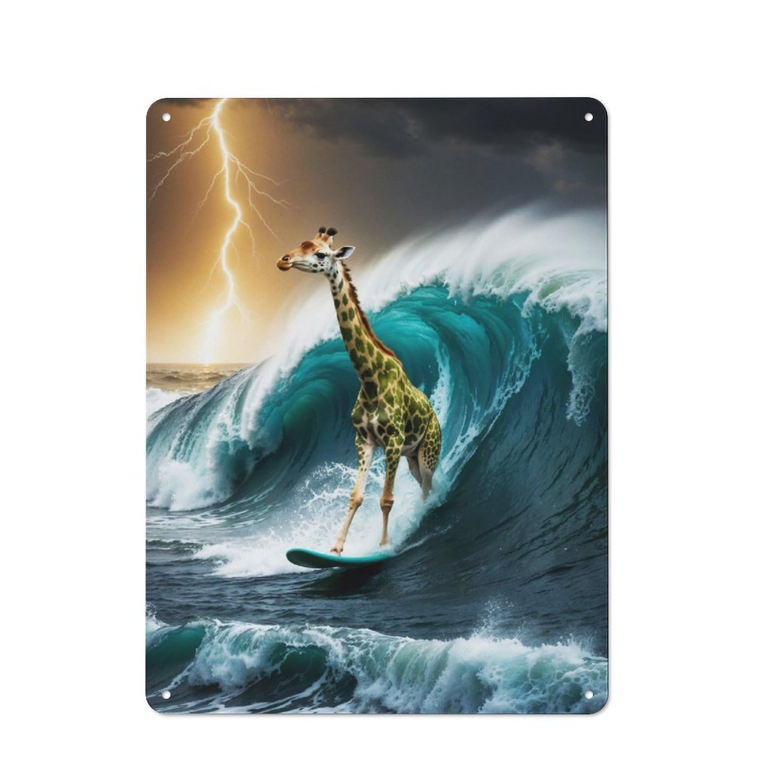 Surfing Giraffe in A Storm Clean Industrial Metal Wall Decor 40x30cm, Decorative Metal Plaque for Workspace, Cafe, Hallway Or Garage