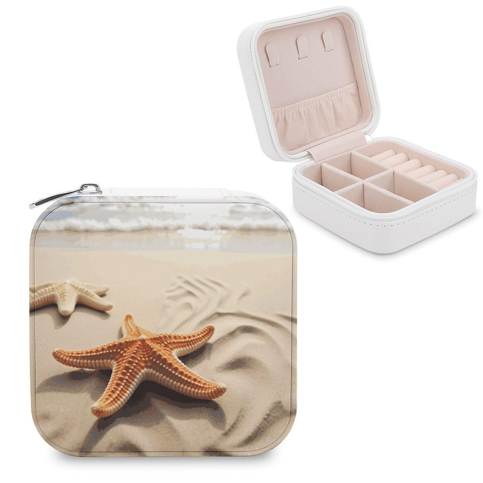 FekiLoot Starfish on The Sand Beach Landscape Jewelry Box Exquisite Jewelry Organizer Silver Gold Trinket Storage Case Multi Compartments Cute Earrings Ring Necklace Holder For Woman Household Gift