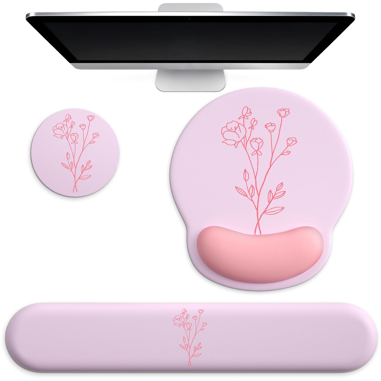 Mouse Pad with Wrist Rest and Keyboard Wrist Rest Support with Coaster 3-in-1 Set Cute Gel Ergonomic Mousepad