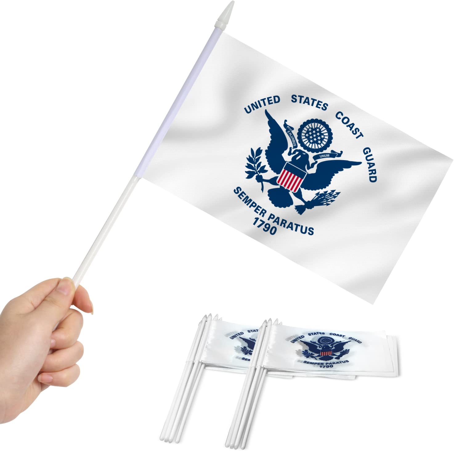 Anley US Coast Guard Mini Flag 12 Pack - Hand Held Small Miniature United States Military Flags on Stick - Fade Resistant & Vivid Colors - 5x8 Inch with Solid Pole & Spear Top