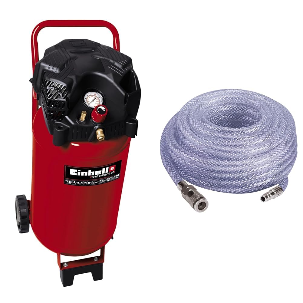 Einhell 4010393 Przenośna Sprężarka z Manometrem i Reduktorem Ciśnienia 1500 W 230 V Czerwony/Czarny 22,34 kg & Wąż wysokociśnieniowy