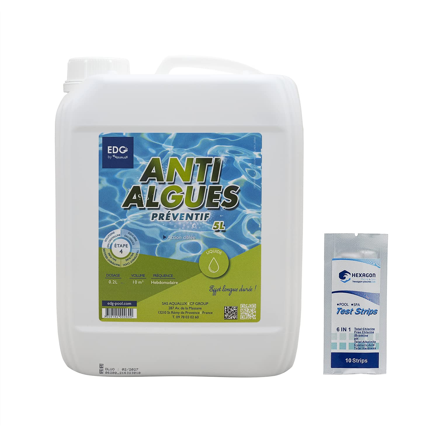EDG by AQUALUX Anti-ALGUES PRÉVENTIF Liquide - 5L | Anti Algues Préventif + 10 Tests HPS OFFERTS 6 en 1