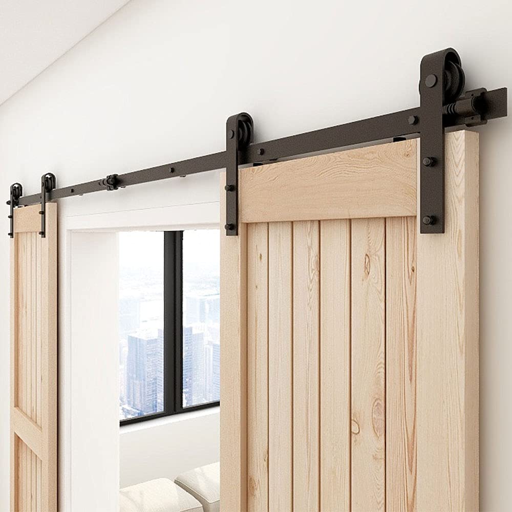 CCJH 7.5FT/224cm Sliding Barn Double Door Hardware Track Kit J Shape Roller Hanger Set with Adjustable Floor Guide