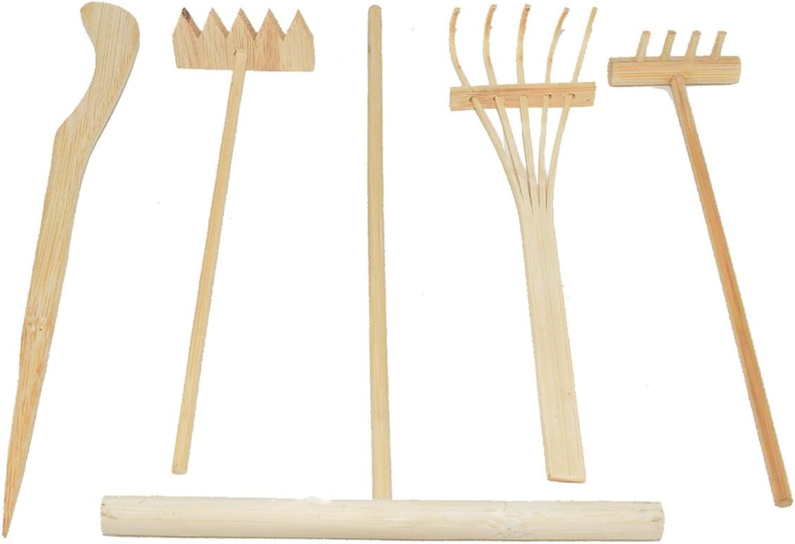 5pcs/Set Mini Zen Garden Bamboo Rake Tools, One Push Sand Pen, One Bamboo Drawing Pen and Three Rack Set