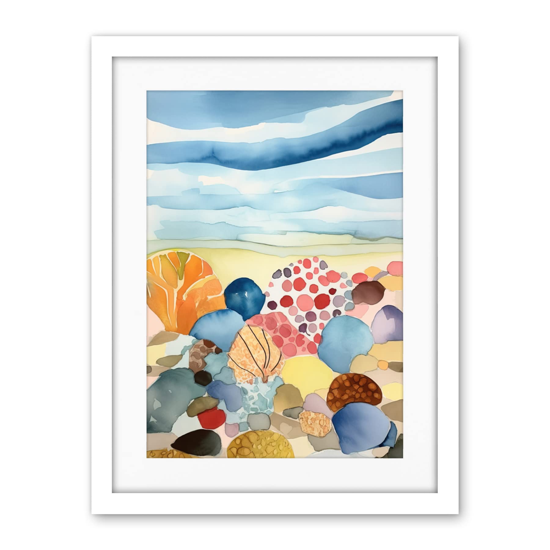 Artery8 Seaside Beachcombing Colourful Seashells And Beach Pebbles Watercolour Painting Artwork Framed Wall Art Print 18X24 Inch