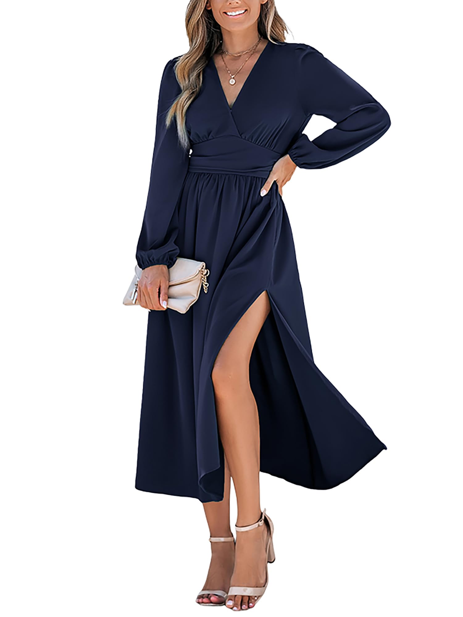 CUPSHE Women's V-Neck Lace Long Sleeve Autumn Casual Dresses Tunic Side Slit A-Line Elegant Midi Dress