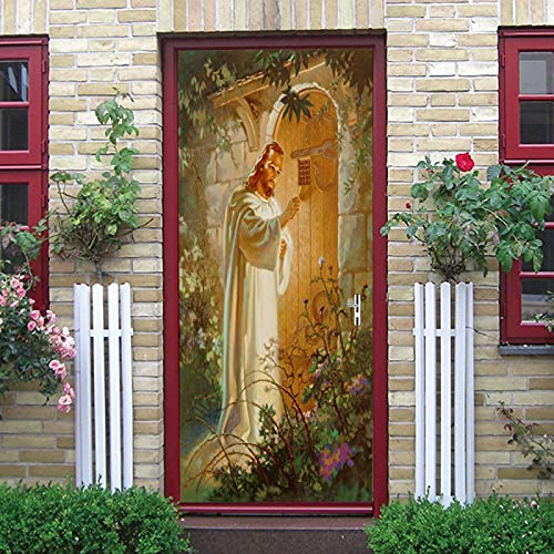 LuSeven viniloass puert Jesús flores arquitectura 85x215cm(33.46 inches * 84.64 inches) Papel tapiz para puerta, póster mural, foto 3d, autoadhesivo, impermeable, pelar y pegar, película de vinilo ext