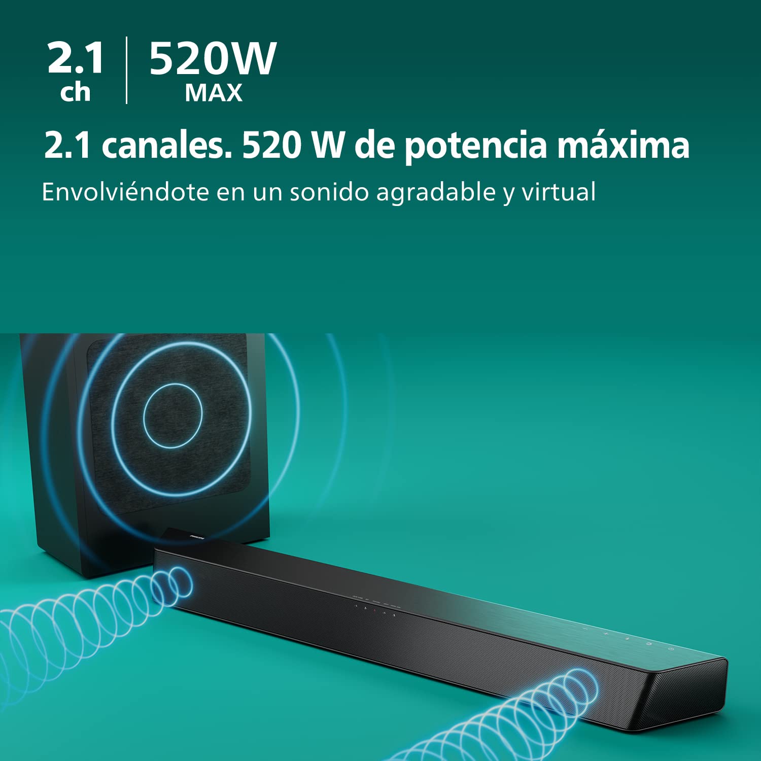 Philips TAB7207/10 Barra de Sonido 2.1 con Subwoofer Inalámbrico, Dolby Digital, Sonido cinematográfico, Bajos Intensos y Profundos, HDMI ARC, Diseño Ultradelgado