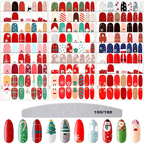 24 Sheets Christmas Full Wrap Nail Stickers Nail Polish Stickers Strip Self-Adhesive Nail Decals with Christmas Tree Reindeer Snowman Design and Nail File for Christmas Nail Decor (Christmas Patterns)