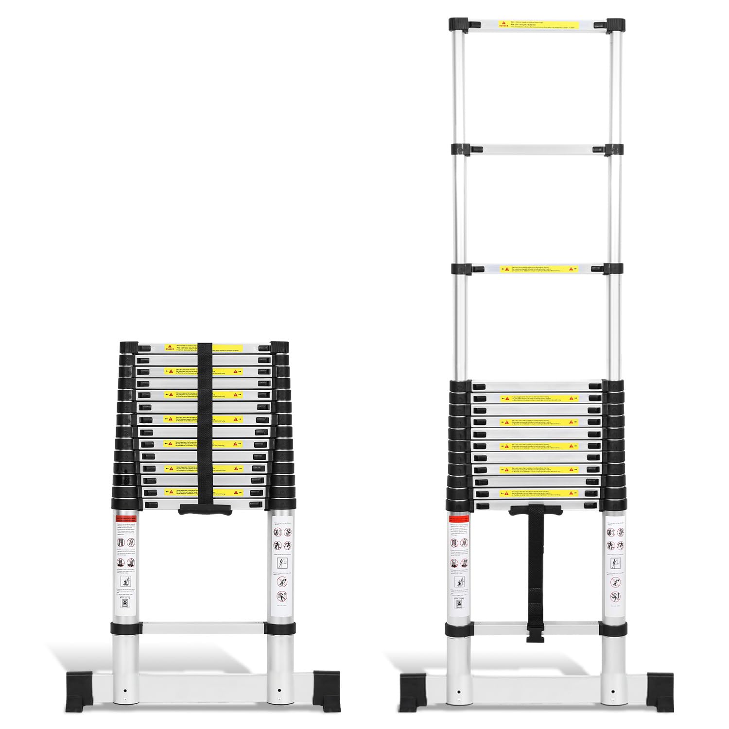 4.4M Aluminium Telescopic Ladder with 2 Removable Hooks, Extension Ladder with Multi-Step Safety Switch, Multi-Purpose Scale, Maximum Load 150 kg