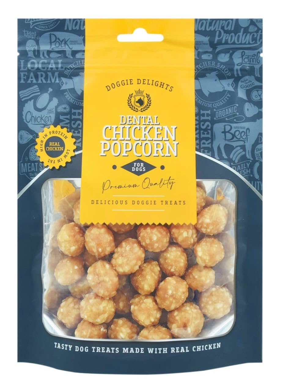 3x Doggie Delights Dog Treats For Dogs Premiam Quality Delicious Doggie Healthy Treats High In Protein Low in Fat Real Dental Chicken Popcorn 175g Each)