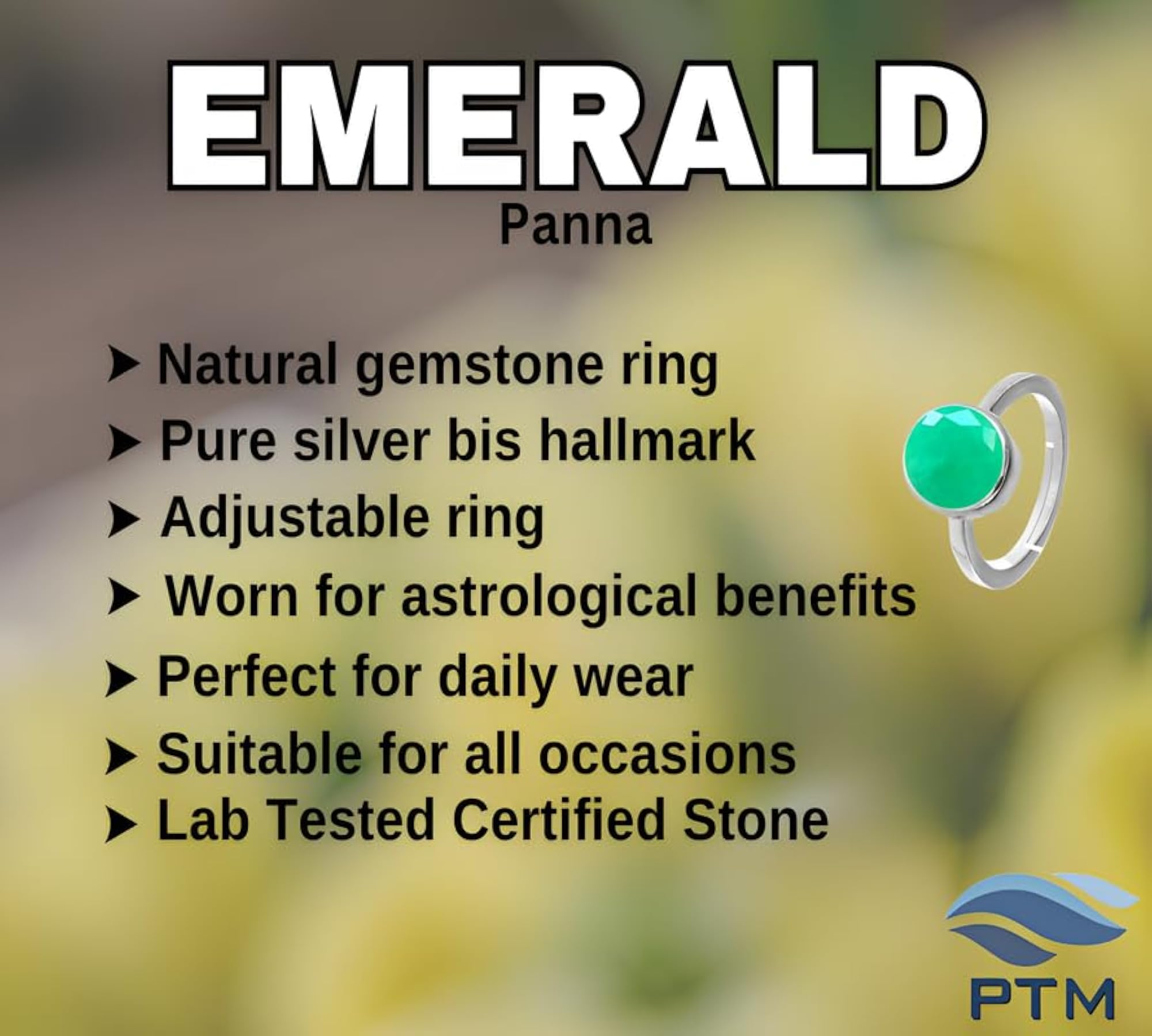 Unisex Emerald 6.25 Ratti Adjustable Sterling Silver Ring