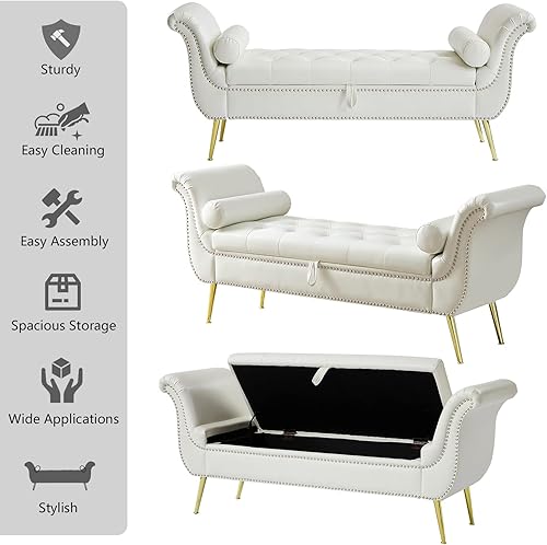 Miniatura 7 de Setawix Banco otomano de almacenamiento de piel sintética, banco de cama de 66.53 pulgadas, banco de cama con brazo enrollado copetudo con