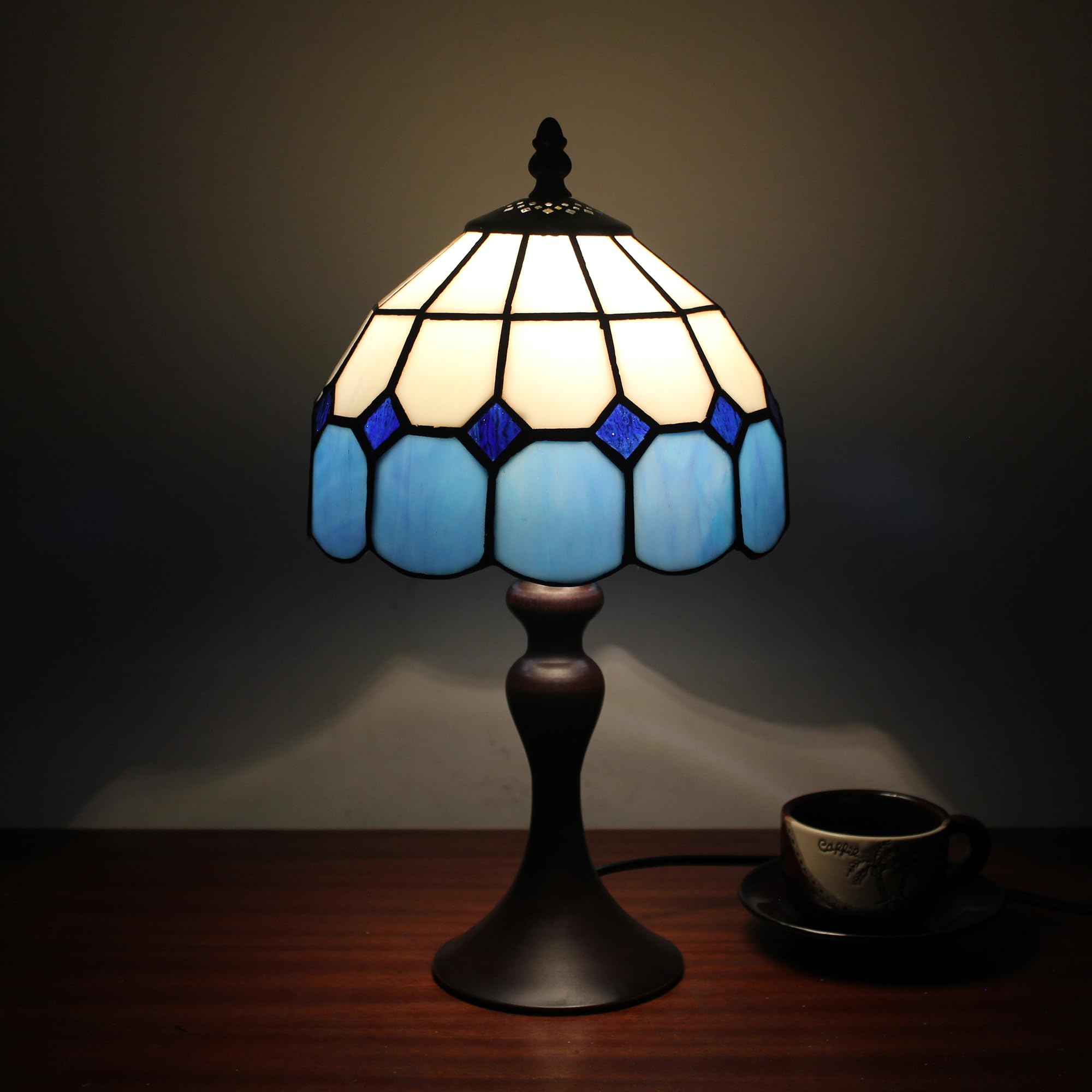 Tiffany Tischlampe Mediterraner Stil Blau, Mehrfarbiges Glas Mini Lampe für Schlafzimmer, 8 Zoll Klassisch Handgemacht Tischlampe Vintage für Kinderzimmer [Ohne Glühbirnen]