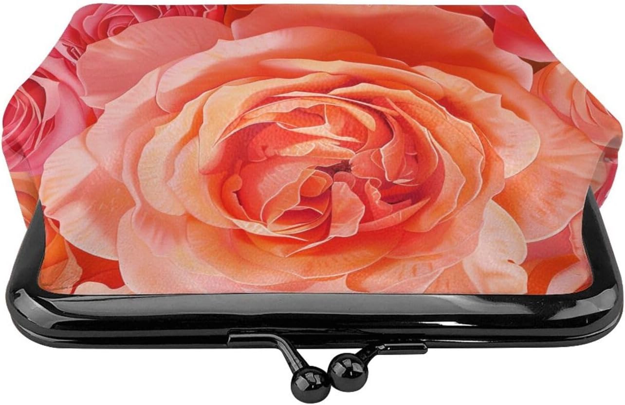Bright Beautiful Rose Printed Coin Purse for Women Cute PU Leather Coin Wallet Mini Coin Purse Pouch with Kiss-Lock