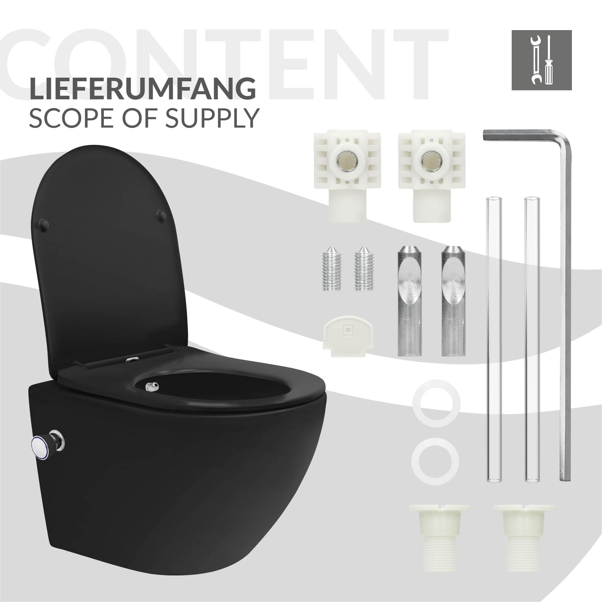 LuxeBath WC Suspendido con Función Bidé Negro de Cerámica, Inodoro Colgante 49 cm Corto con Cierre Suave Descarga Profunda de Tornado para Baño, Wáter con Asiento Extraíble y Tapa Brillante Softclose