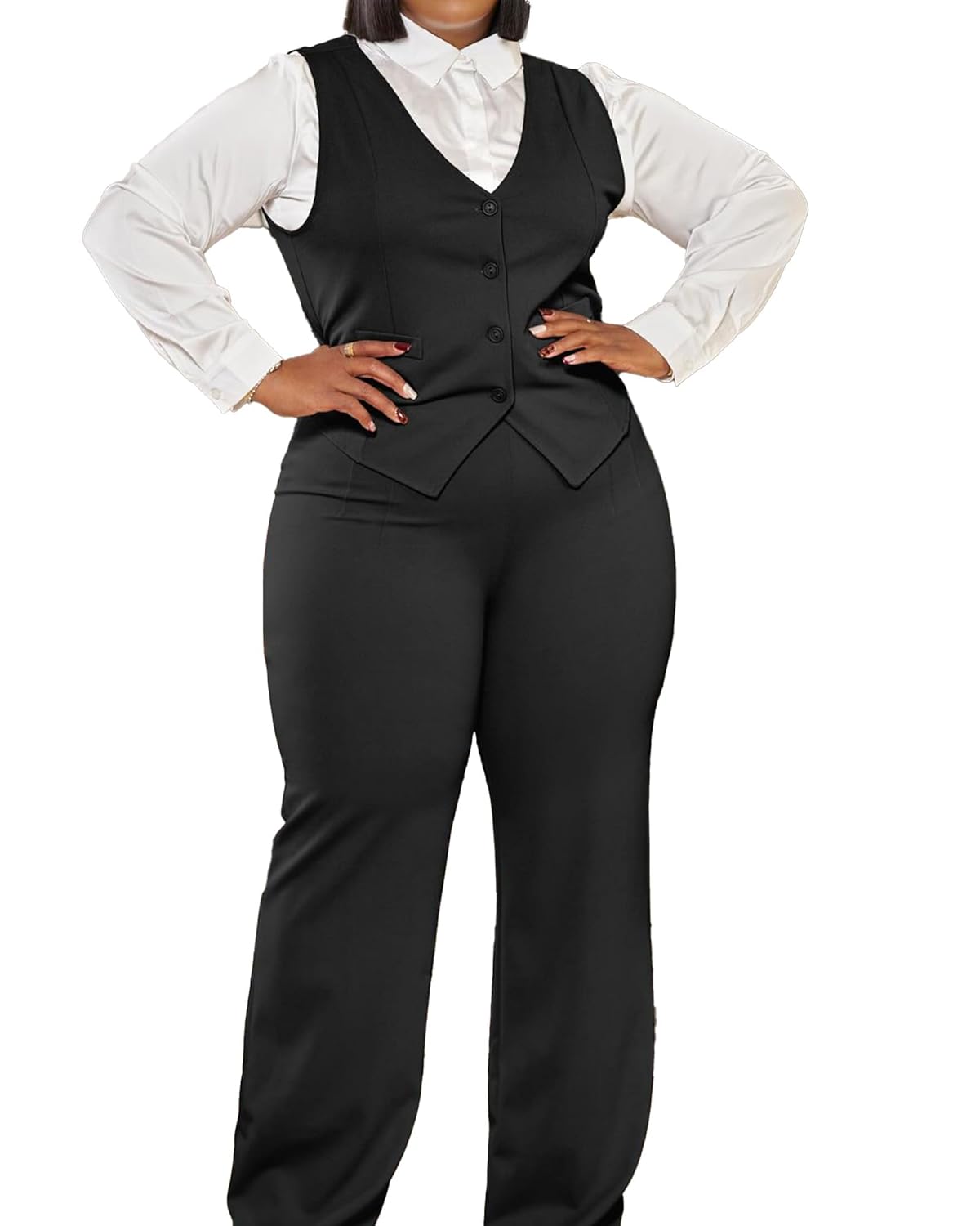 CXXQ Womens Plus Size Pant Suits 2 Piece Outfits Button Vest Blazer Pockets Wide Leg Pants Sets Casual