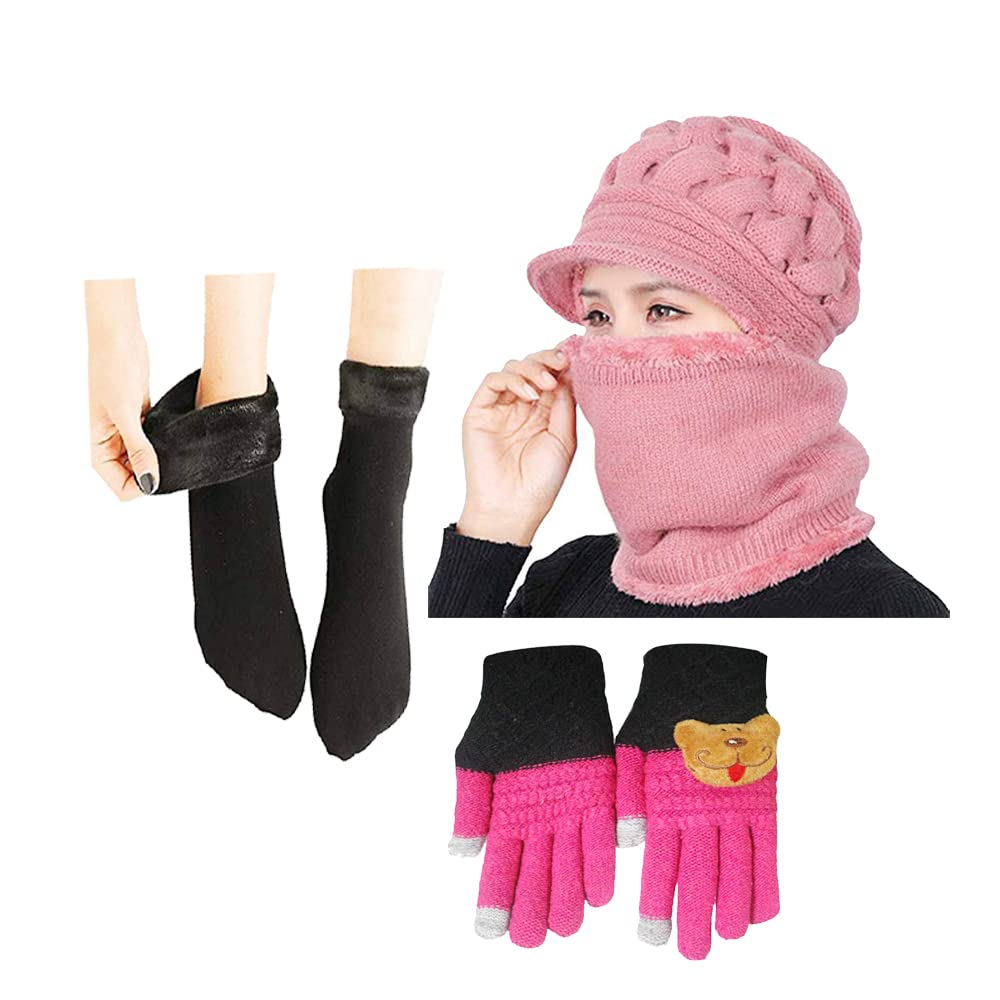 Malvina Women & Girls Winter Warm Woolen Visor Cap Plus Mufflerr And Teddy Woolen Gloves Set And One Pair Black Velvet Socks For Women & Girl's
