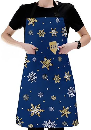 Miniatura 6 de Navy Blue Christmas Snowflake Bib Aprons with Pockets Waterproof, Adjustable Apron for Men Women Yellow White Xmas Winter Snowflake
