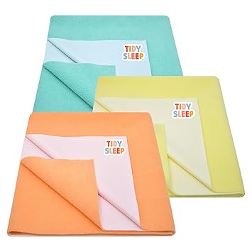 Tidy Sleep Instadry Anti-Piling Fleece Extra Absorbent Quick Dry Sheet for New Born Babies, Cotton Bed Protector Mattress Pack of 3 Peach-Blue-Green Small (70x50) cm - image, photos