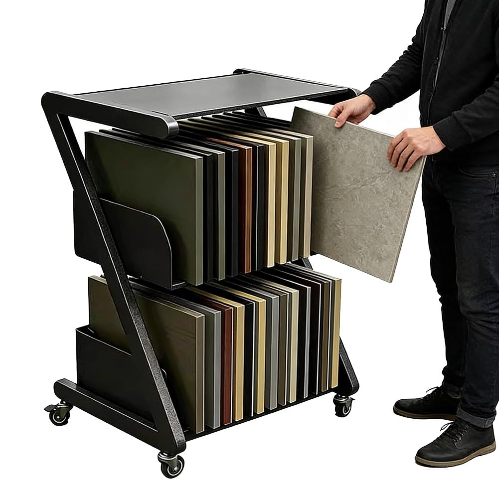 YNBSHGAA 2-Tier Metal Tile Display Rack with Wheels, Ceramic Sample Stand for Exhibition, Retail Display Shelf for Stone Wood Floor Samples