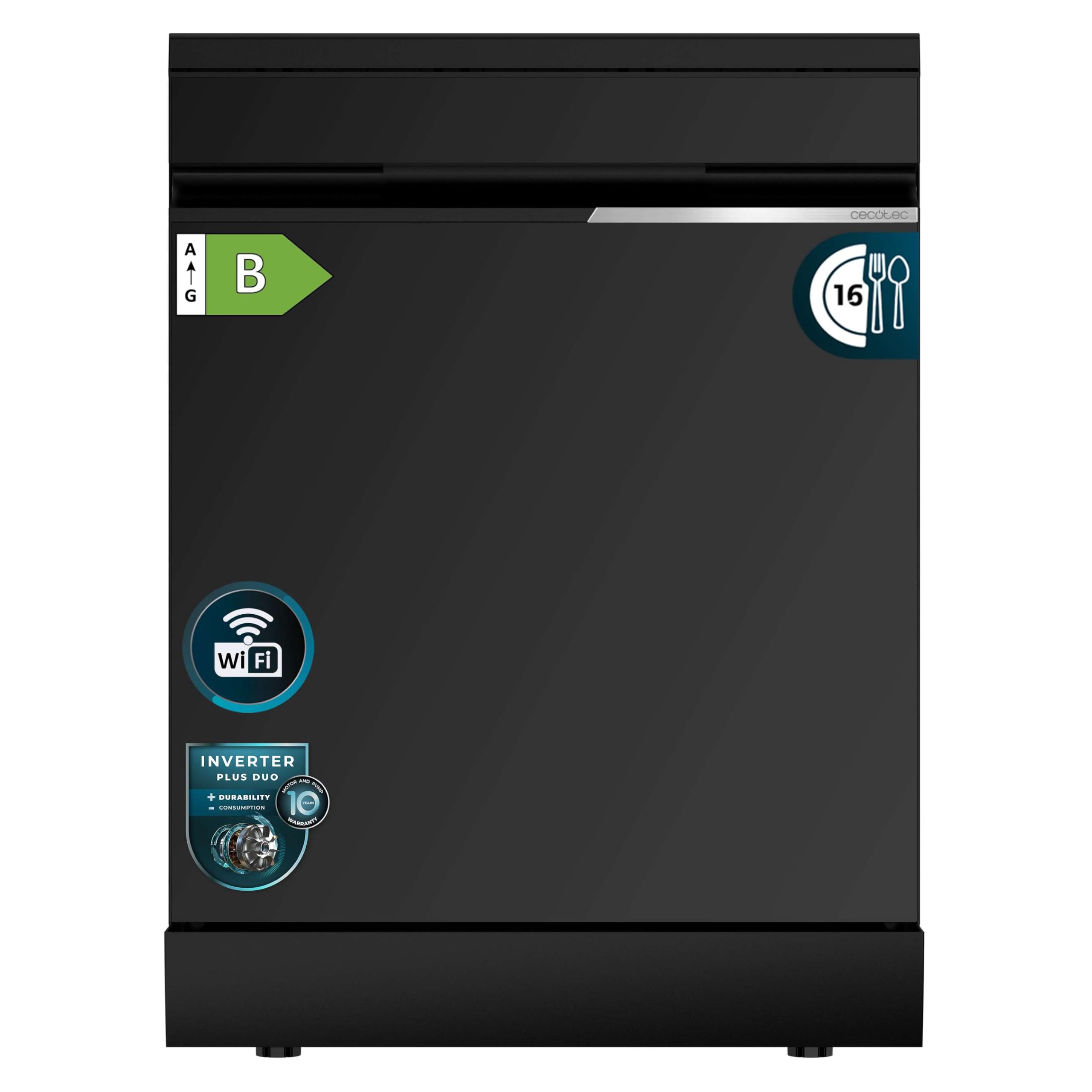 Cecotec Lavastoviglie Libera Installazione 60cm 16 Coperti WiFi Bolero Aguazero 7000 Matt Black Glass Connected. Motore Inverter Plus Duo, 16 Programmi, Vassoio Posate, Controllo Vocale