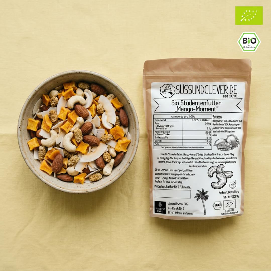 Bio Studentenfutter "Mango-Moment" | 1,0 kg | mit Mangostücken, Cashewkernen, Mandeln, Kokoschips & Maulbeeren | Exotische Nuss-Frucht-Mischung | Vegan
