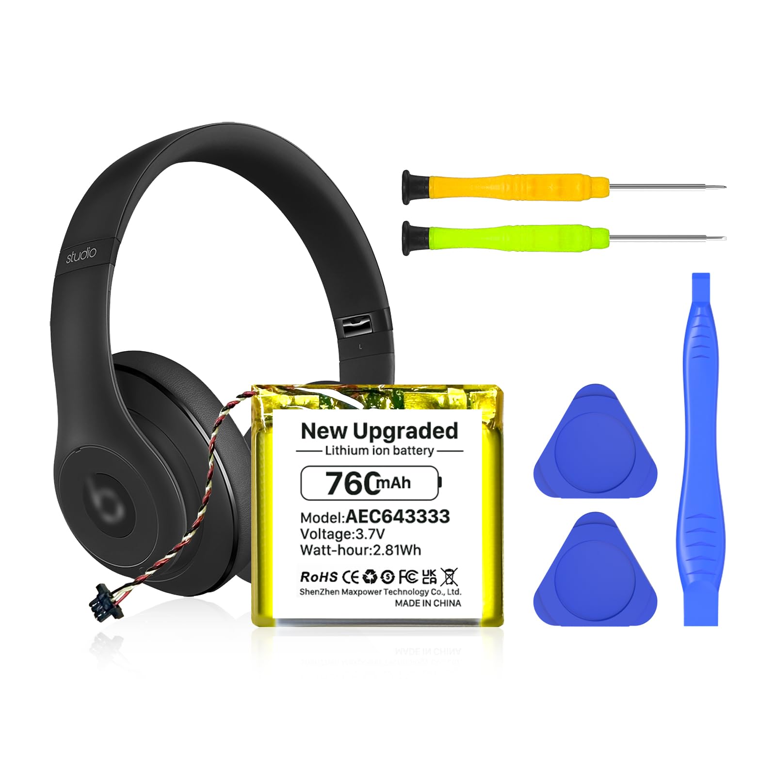 2025 Upgraded 760mAh Battery for Beats Studio 3.0 Studio 2.0 fits (Part No Beats AEC643333), High Capacity 3.7V Li-Polyme Wireless Headset Battery