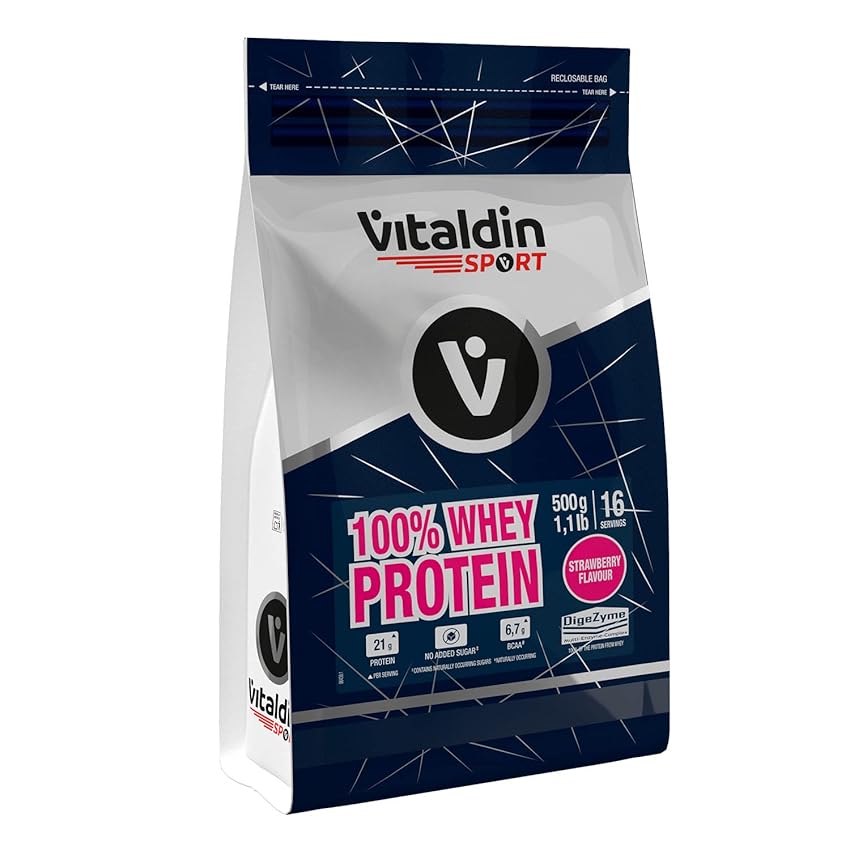 VITALDIN SPORT 100% Whey Protein 500 g – 100% Proteine del Siero del Latte in Polvere con Digezyme – Sviluppo & Recupero Muscolare – Gusto Fragola – 6,7 g BCAA per serving - Senza Zuccheri Aggiunti