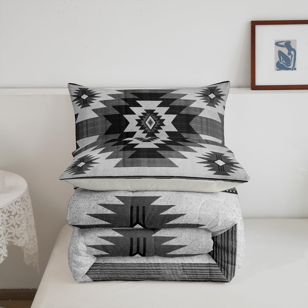 Homewish Gray Tribal Plaid Bedding Set,Southwestern Style Ethnic Grid Comforter Set for Kids Teens Adults,Boho Geometric Stripes Vintage Down Comforter with 2 Pillowcases Queen Size 3 Pcs