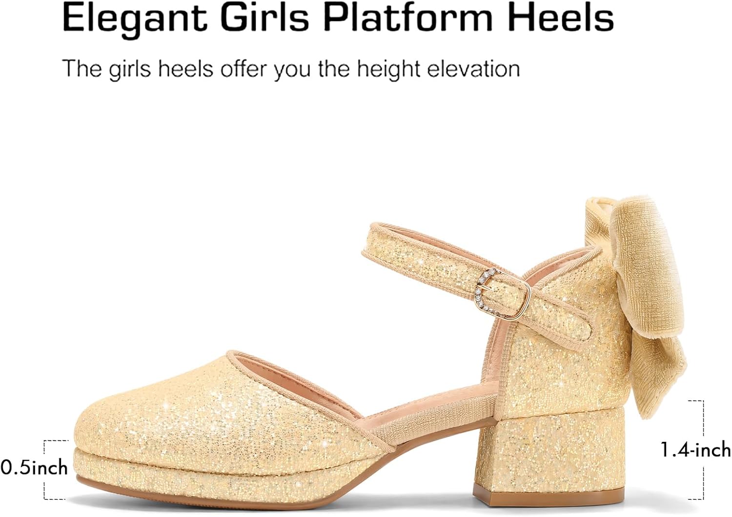 Coutgo Girls Dress Shoes Glitter Platform Chunky Heels Bow Princess Shoes | Square Closed Toe,Girls Pumps,Flower Girl Shoes,Block Heels,Adjustable Buckle Strap,Velcro,Cute,Party