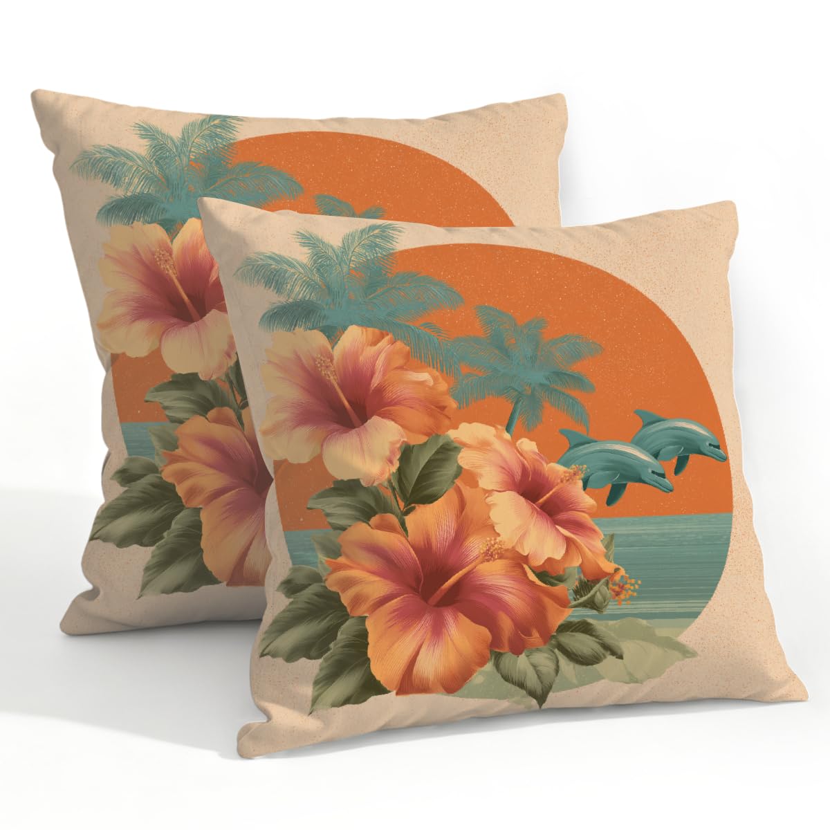 Outdoor Pillow Covers Waterproof Pillowcases 22x22in Set of 2 Ocean Sunset Flowers Dolphins On Retro Decorative Throw Cushion Case for Couch Sofa Garden Patio Furniture