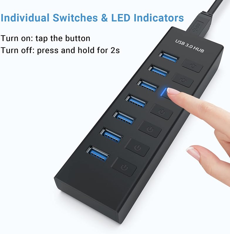 JESWO USB 3.0 Hub 7 Port, 100cm Kábel, Kapcsolóval és LED Kijelzővel