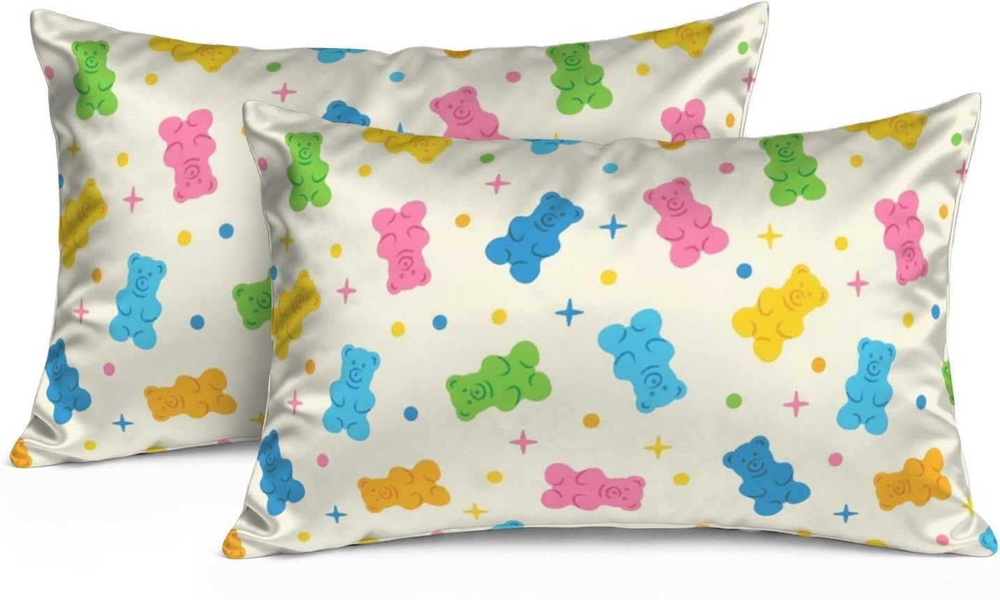 Pastel Colorful Cute Kitty Cat Pillow Cover, 2 Pack Silky Pillow Case Satin Pillowcase with Zipper Bedroom Essentials Camping Cover for Teen Girls Cute Room Decor 20 × 28 inch