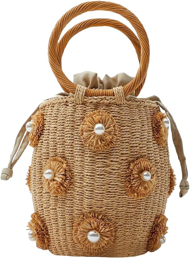 Flower Pearls Rattan Tote Bag Summer Beach Drawstring Straw Bucket Bag Diamonds Woven Handbag
