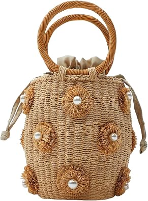Flower Pearls Rattan Tote Bag Summer Beach Drawstring Straw Bucket Bag Diamonds Woven Handbag