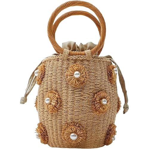 Flower Pearls Rattan Tote Bag Summer Beach Drawstring Straw Bucket Bag Diamonds Woven Handbag