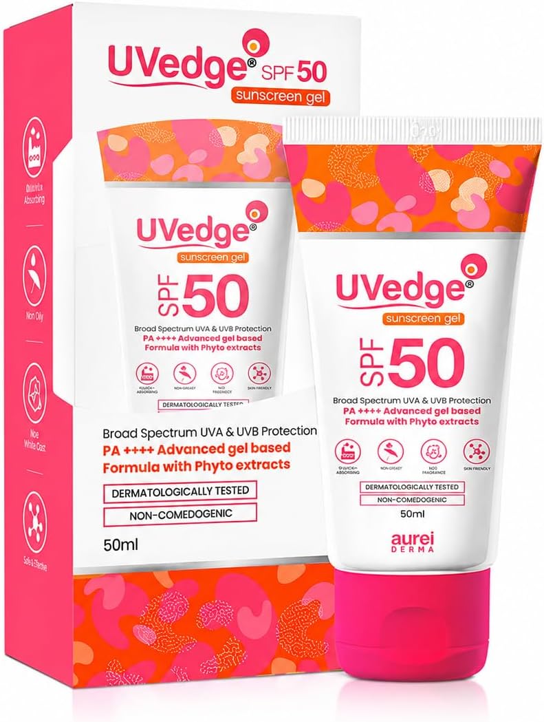 UVEDGE SPF 50 SUNSCREEN GEL 50ML | PA+++ Broad Spectrum UVA & UVB Protection | Lightweight Gel-Based Formula with Phyto Extracts | Non-Greasy Daily Sun Protection | Dermatologically Tested