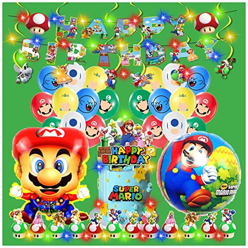 Decoration Anniversaire Märiö Avec Lumière Led,Super Märiö Party Decoration Fete,Decoration Gateau Anniversaire Garcon Fille,Ballon Märiö Anniversaire,Ballon Helium Deco Anniversaire Jeu Video Cover