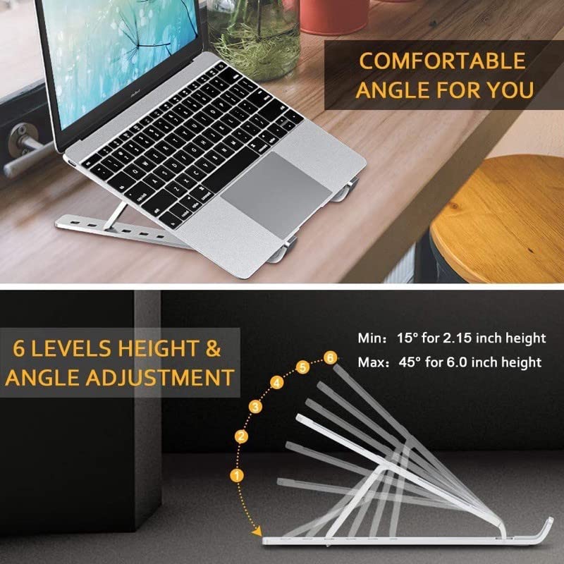 Leeonz Laptop Tablet Stand Folding Portable Office Holder Laptop Holder Riser Computer Tablet Stand with 6 Levels Height Adjustment Ergonomic Ventilated Universal Desktop Holder Cooling Bracket (Grey)