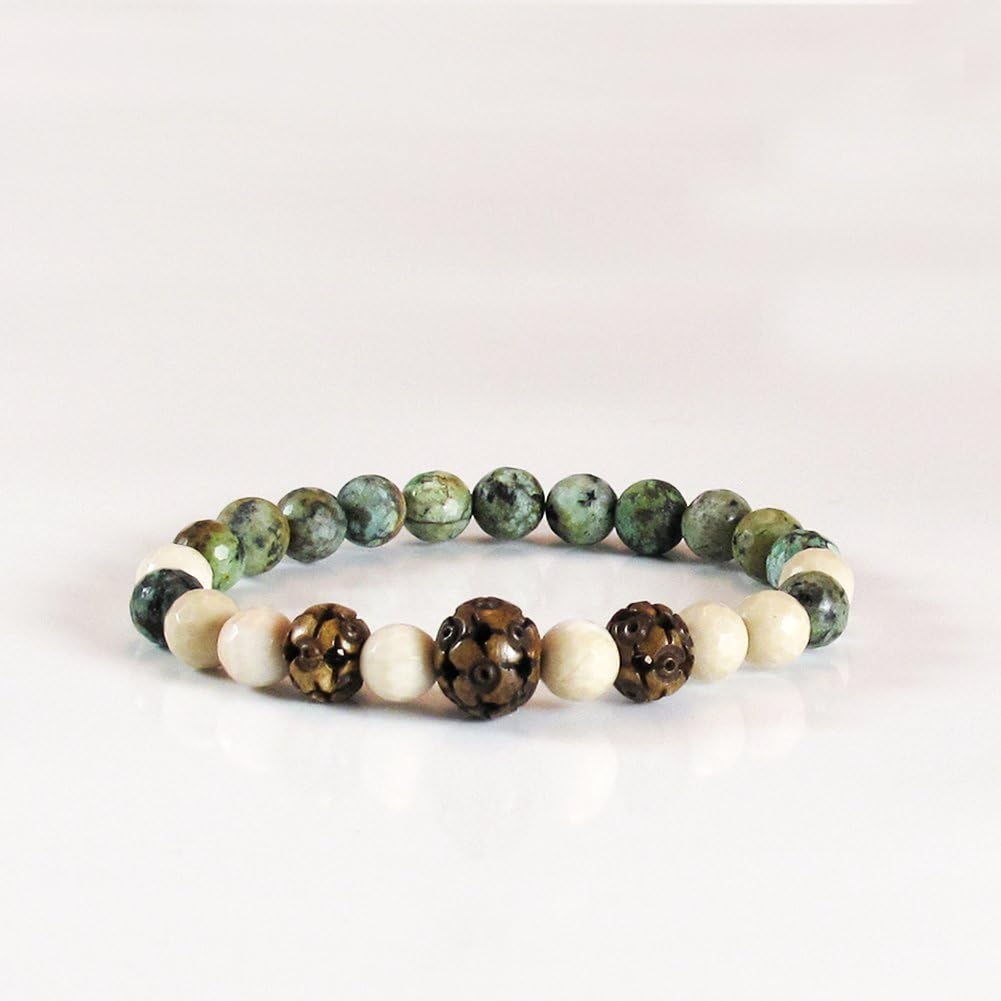 HathaFit Natural African Turquoise, Fossil Jasper, Wood Beaded Men's Stretch Bracelet