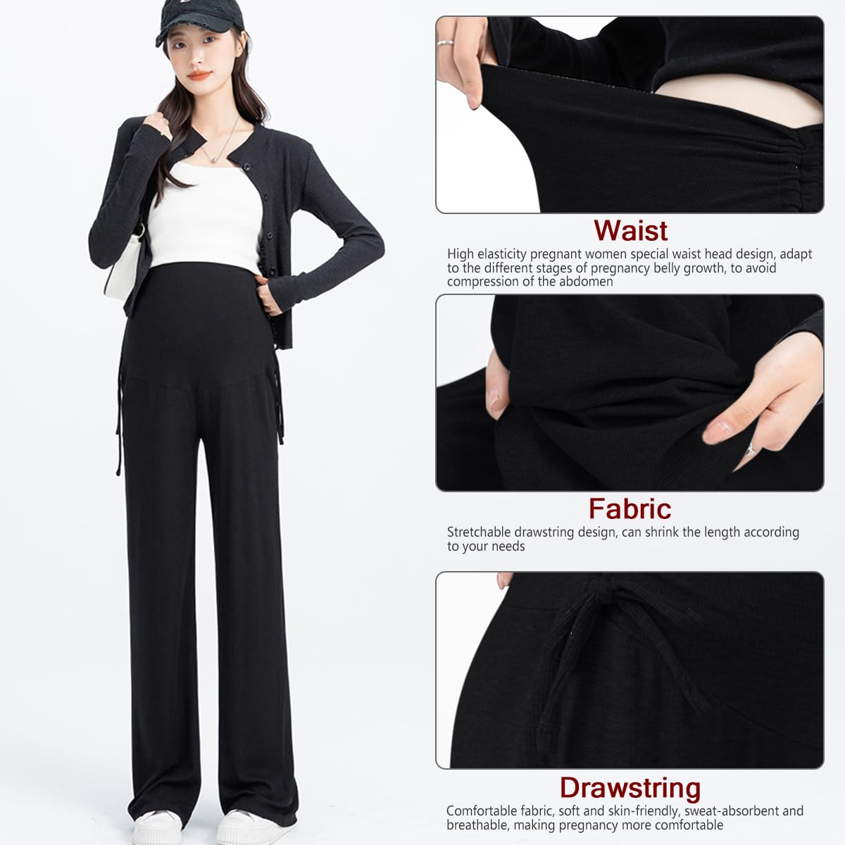 Pantalon de maternité à Jambes Larges et Décontractées Pantalons de Grossesse Fluide décontractés d'été, Amples, Ceinture réglable, à la Cheville pour Femmes Enceintes